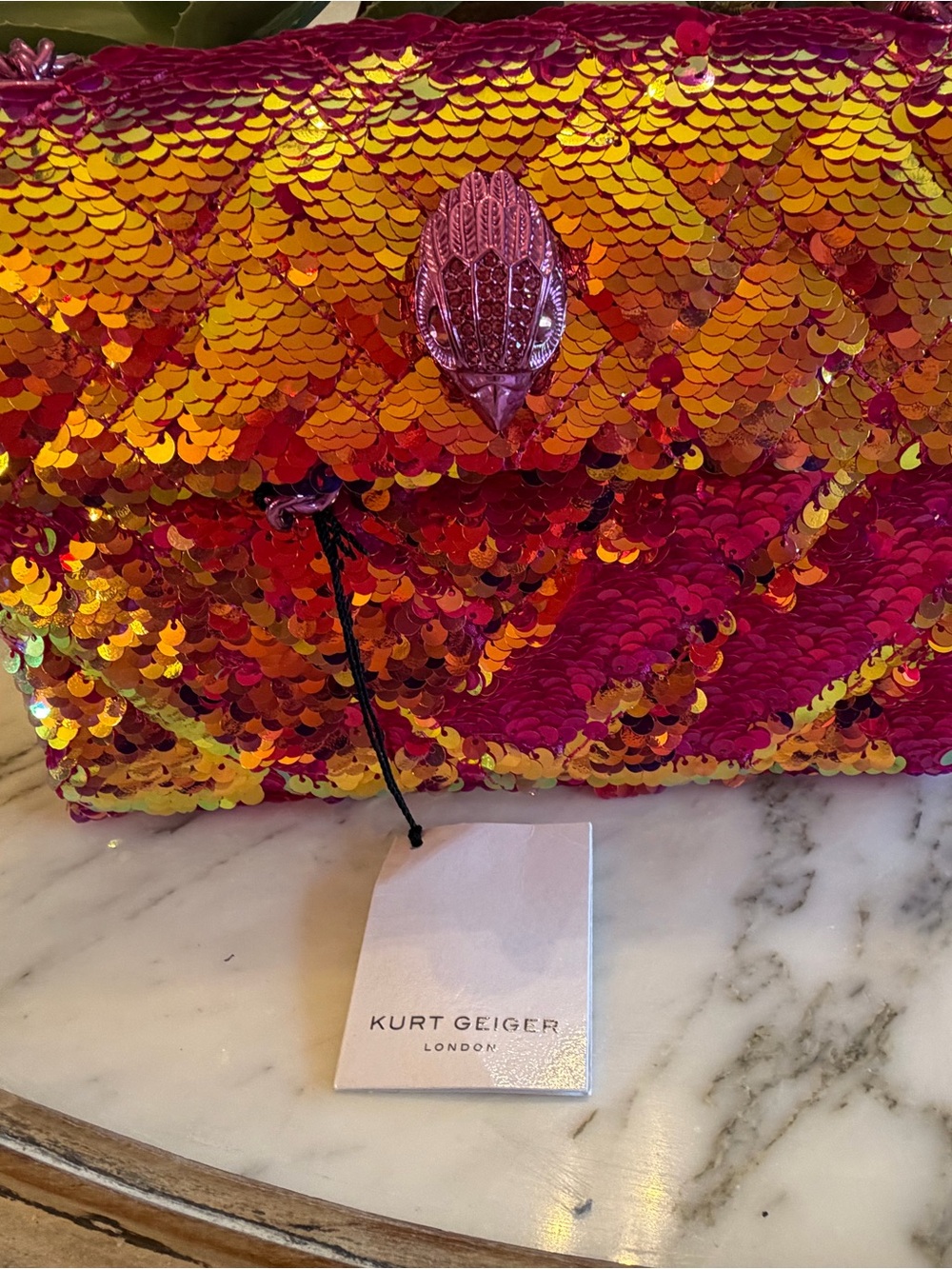 Kurt Geiger Kensington Fuchsia Pink and Gold Sequin Chain Crossbody Bag - Picture 10 of 13